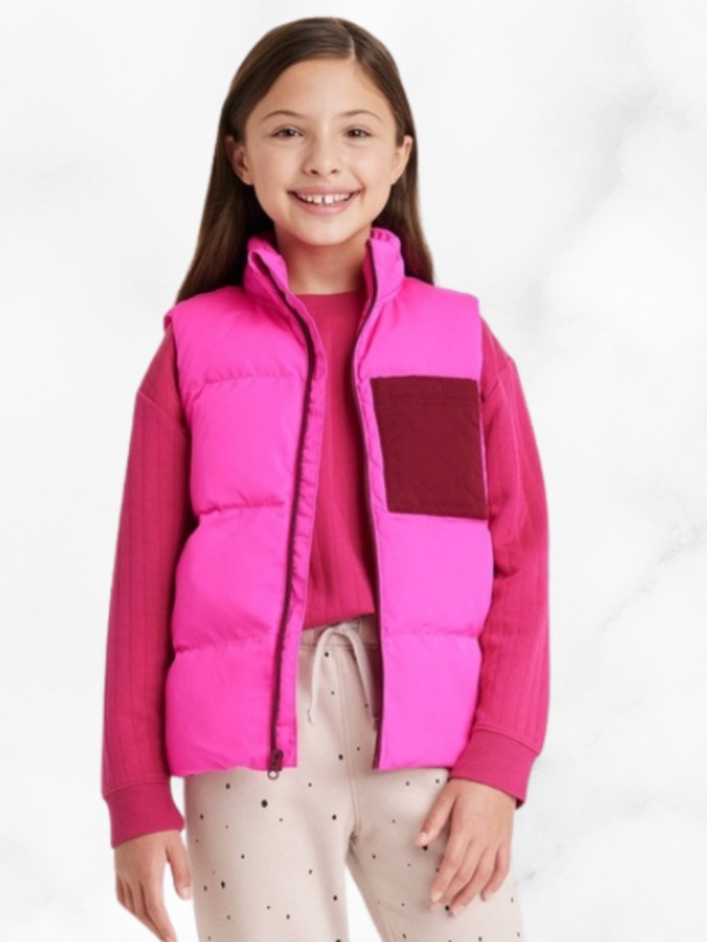 Girls Hot Pink Cat & Jack Puffer Vest with a Maroon Pocket and a Black Zipper